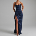 Women's Satin Ruched Slip Maxi Dress with High Slit